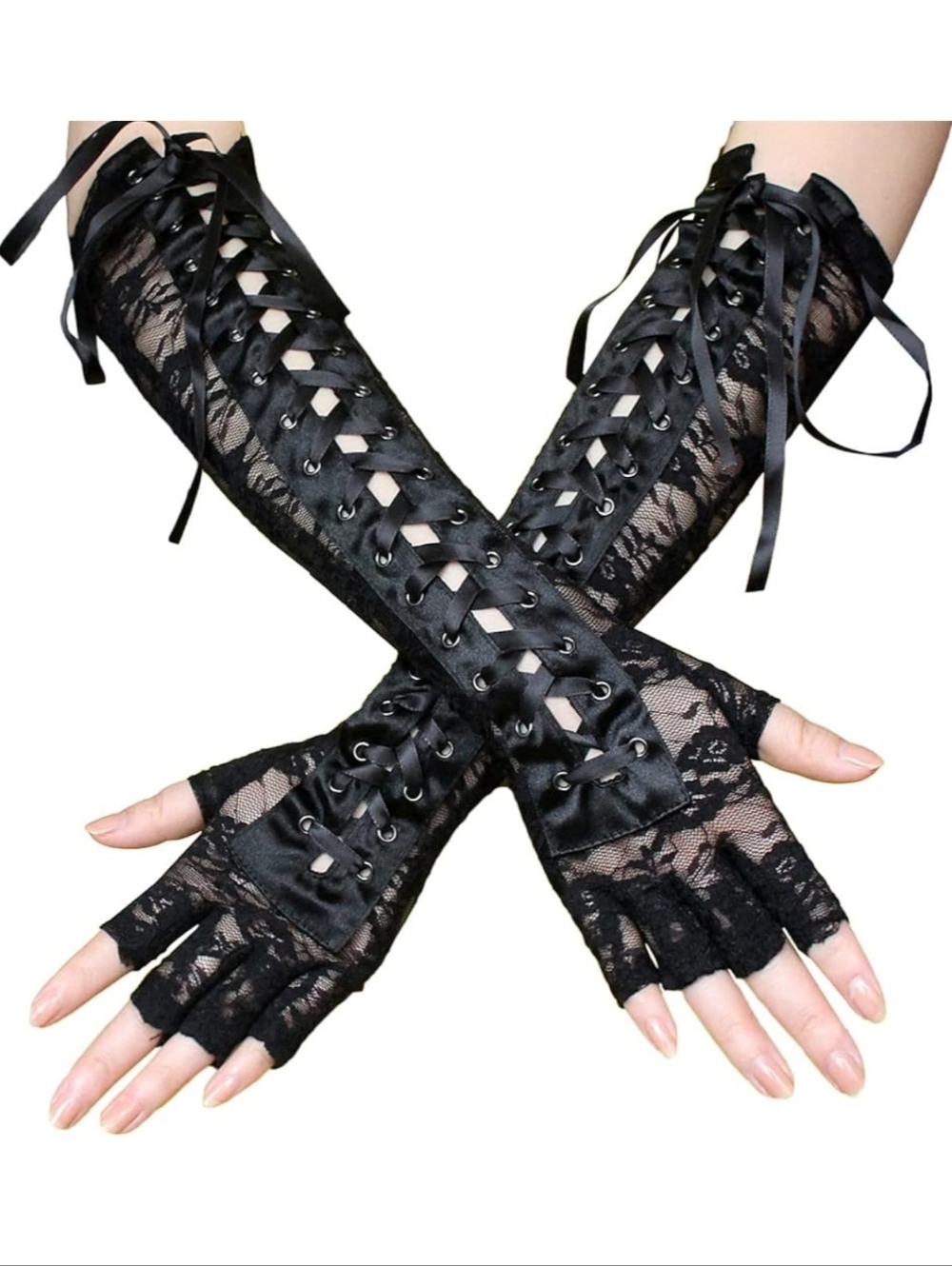 Black Lace Fingerless Opera Gloves with Ribbon Lacing